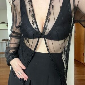 Elegant Black Sheer Beaded Cardigan